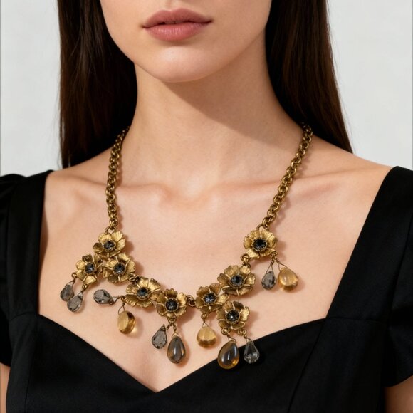 Rare J. Crew Gold Floral Necklace with Beaded Accents - Picture 1 of 5